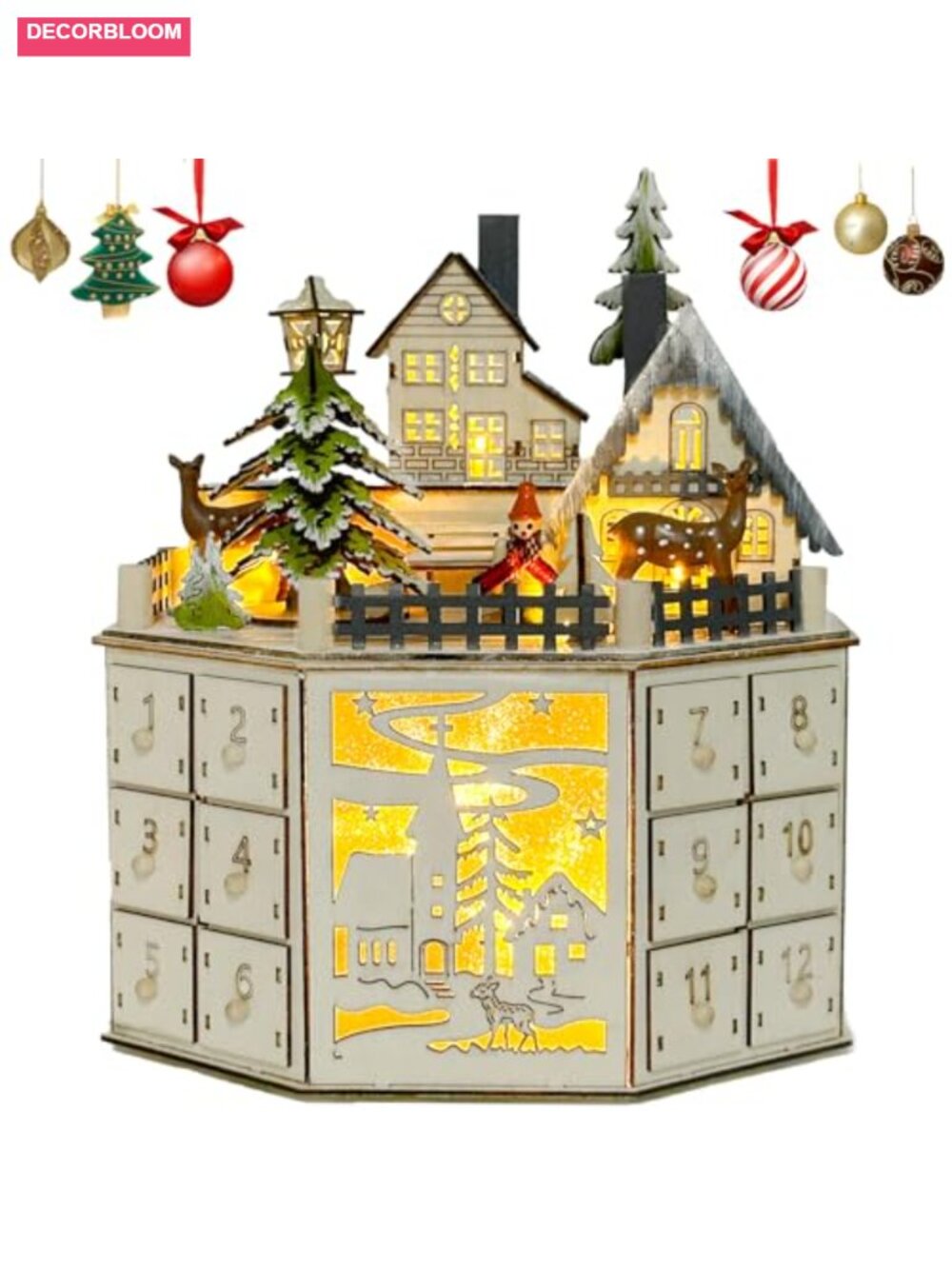 Wooden Christmas Advent Calendar House 24 Drawers LED Music Countdown